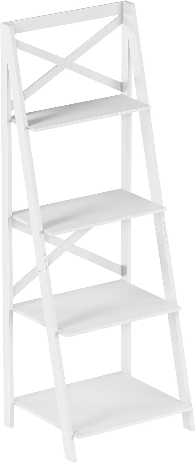 4-Tier Ladder Bookshelf - Freestanding Shelved Bookcase with X-Back Frame and...