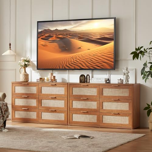 LEYAOYAO Rattan Dresser and Nightstand Sets 3 Piece, Teac Brown