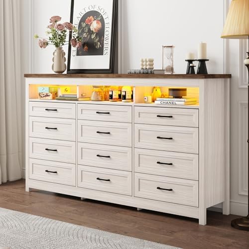 Hlivelood Farmhouse 12 Drawer Dresser with LED Lights, 71" Wide Large Ch...