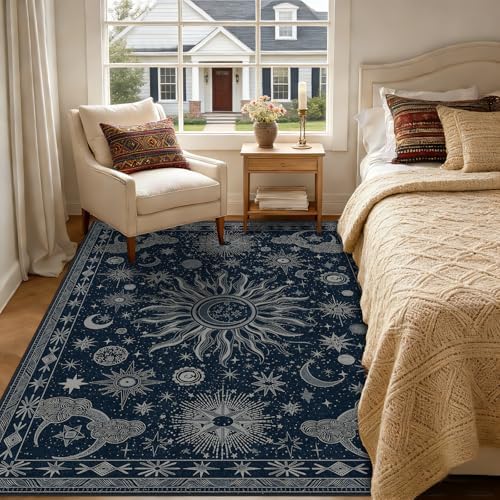 Vacuum-Friendly, 5x7 Washable Area Rug, Blue Gray White