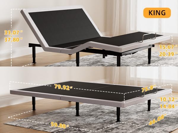King Adjustable Bed Frame with Massage, Wireless Remote, Head Foot Incline, U...
