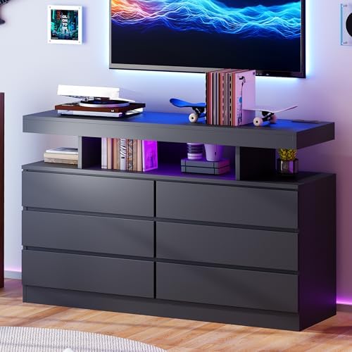 BEWISHOME Black Dresser for Bedroom with Charging Station and LED Lights