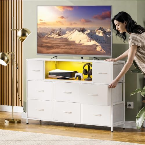 WLIVE LED Dresser TV Stand for 55 Inch TV, 8 Drawers, White