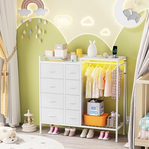HIGDBFE 8-Drawer Dresser with Hanging Rack for Bedroom, White, 11.8" D