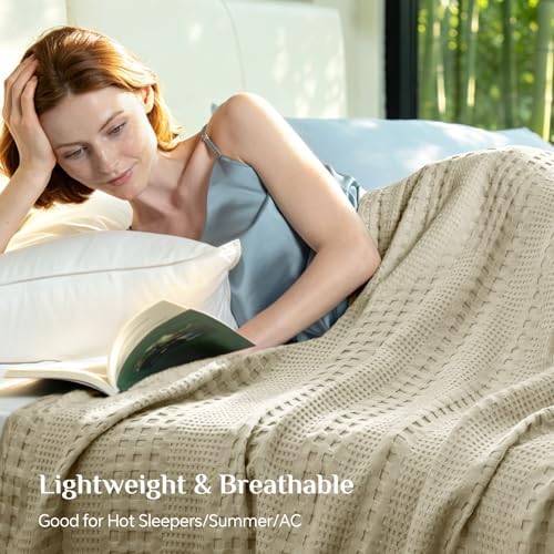 BEDELITE Linen Beige Cooling Waffle Blanket Queen Size for Bed, 90x90 Inch