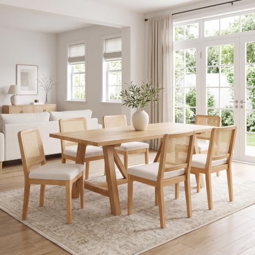 HNY Modern Farmhouse Rattan Dining Chairs Set of 2 Beige Chenille Upholstered...