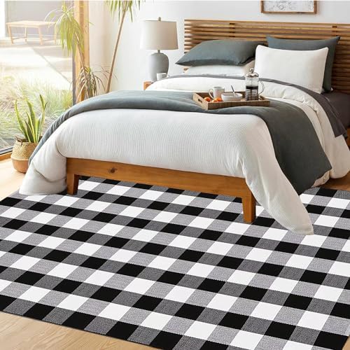 Buffalo Plaid Outdoor Rug 5' x 7' Washable Rugs,Black and White Check...
