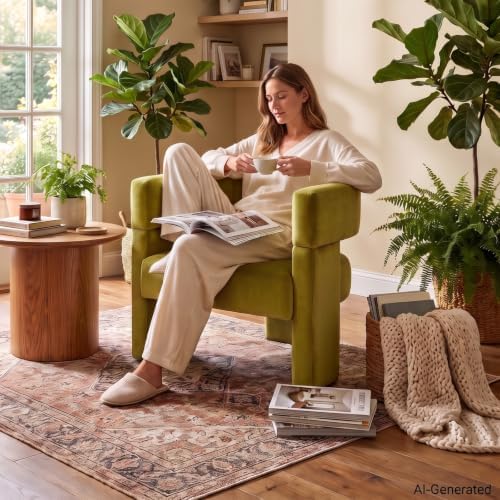 Green Modern Accent Chair, Upholstered Barrel Armchair with Solid Wood Legs