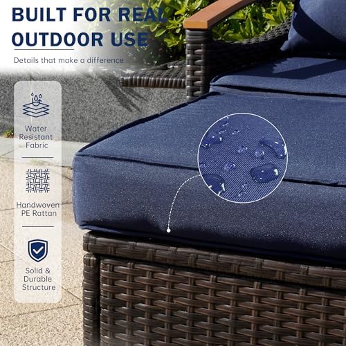 Outdoor Patio Rattan Daybed, Navy Blue/Rustic Brown