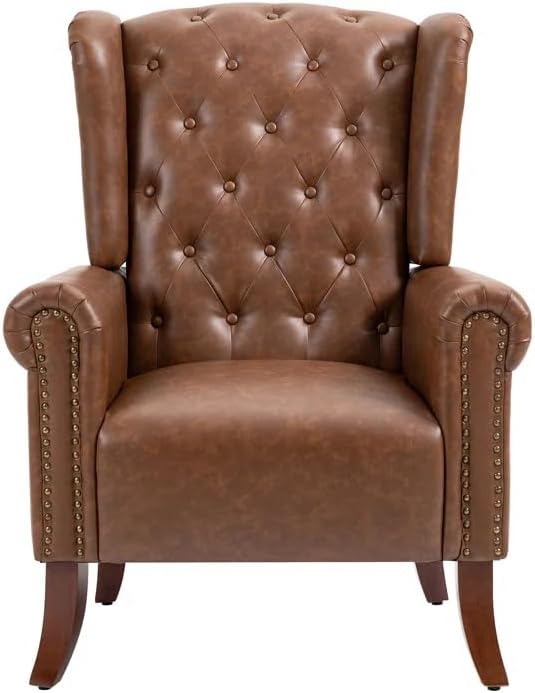 Faux Leather Accent Chair, Mid-Century Armchair Upholstered Club Sofa Chair w...