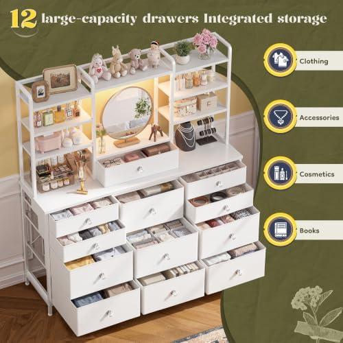 Romorgniz White Dresser for Bedroom with RGB LED Lights, Vanity Organizer