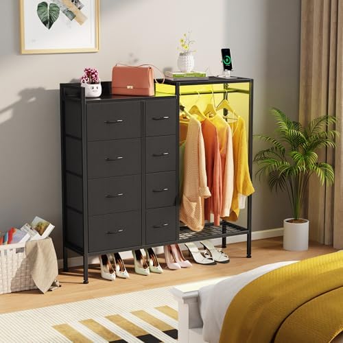 HIGDBFE 8-Drawer Dresser with Hanging Rack for Bedroom, Black, 11.8" D