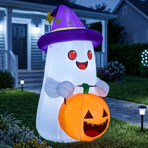 5 FT Halloween Inflatables Decor, Cute Inflatable Ghost with Pumpkin, Built-i...