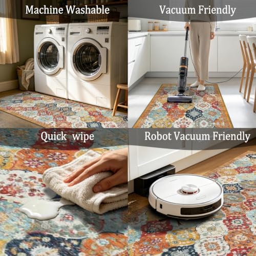 3-Piece Colorful Boho Rug Set - Washable Moroccan Ogee Area Rugs, Non-Slip Lo...
