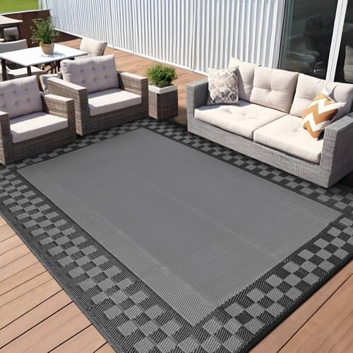 Outdoor Rug 8x10 Waterproof Patio Rugs Modern Checkered Reversible Mat for Fr...