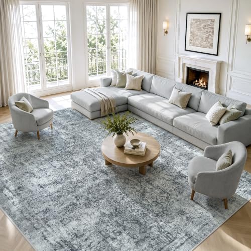 8x10 Area Rugs Washable for Living Room: Black Grey Abstract Large Carpet