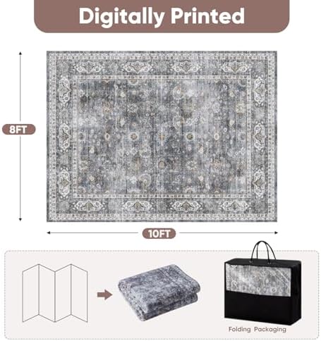 Rugcomf Large Living Room Rug 8x10 Washable Non Slip Vintage, Grey