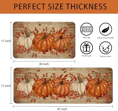 Fall Kitchen Mats Decor, Autumn Pumpkin with Brown Wood Grain Fall Kitchen Rugs Set of 2 Indoor Non Slip Washable Floor Mat Runner Rug Home Decorations