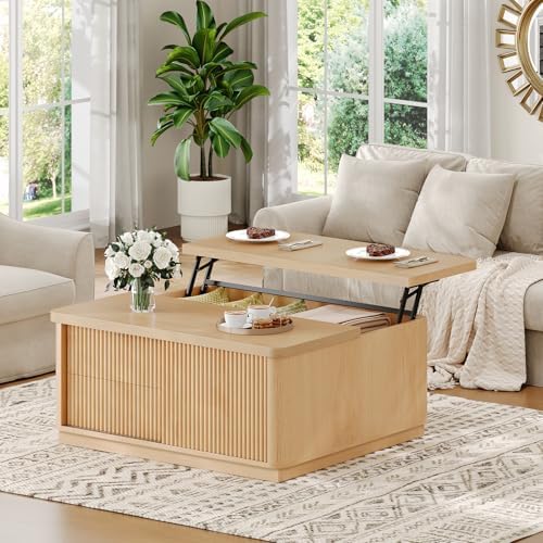 Itaar 39.4'' Lift Top Coffee Table with Storage, Fluted Coffee Tables for Living Room, Square Coffee Table with Large Hidden Compartment & 2 Drawrs & Adjustables Shelves, Oak