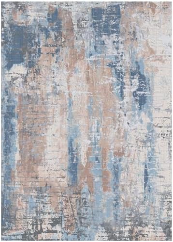 Kelarea Washable Area Rug 5x7, Non-Slip Low Pile Abstract Beige Blue
