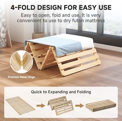 Twin Size Foldable Floor Bed Frame, Solid Wood Slat Base for Futon Mattress