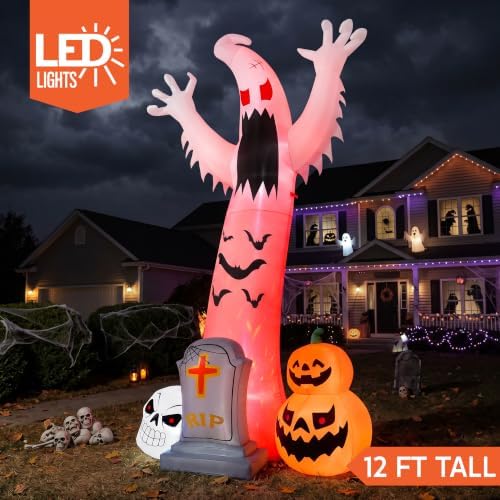 Joiedomi 12FT Giant Halloween Inflatables Spooky Ghost with Skull Tombstone & Pumpkins Outdoor Decoration, Halloween Blow Up Yard Decorations with Rotating Colorful LED Lights for Lawn Garden Decor