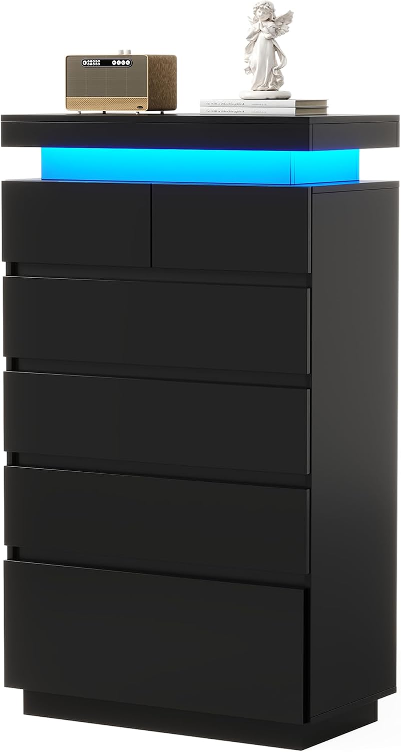 51" Tall Gloss 6 Drawer Dresser with Adjustable LED Light, Black