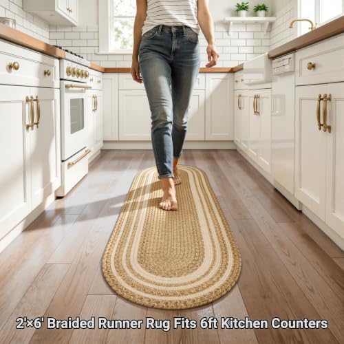 RCTJHOME 2x6 Oval Braided Runner Rug, Natural Color Farmhouse Kitchen Mat