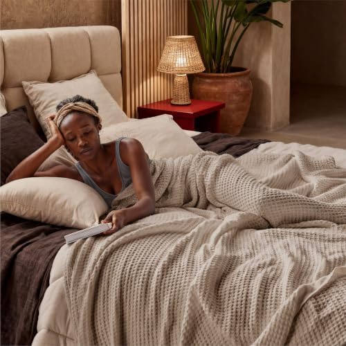 Bedsure 100% Cotton Blanket, Waffle Weave, King Size, Khaki Brown, 104"x...