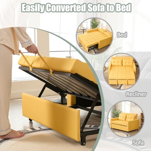 GOSUHI 52" 3-in-1 Convertible Sleeper Sofa Bed, Linen, Yellow