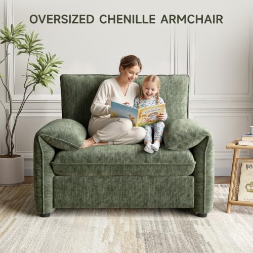 Oversized Accent Chair, Chenille Fabric Reading Chair Beige