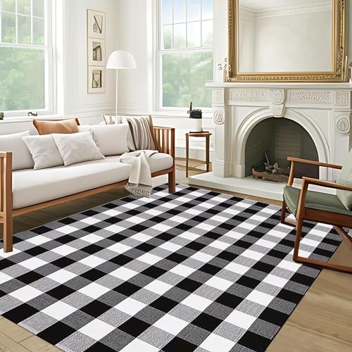 Buffalo Plaid Outdoor Rug 5' x 7' Washable Rugs,Black and White Check...