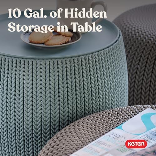 Keter Urban Knit Pouf Ottoman Set of 2 with Storage Table for Patio and Room ...