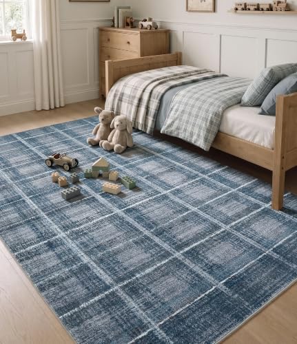 YIHOUSE 9x12 Blue Grey Distressed Plaid Area Rug for Living Room