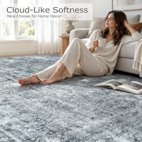 8x10 Area Rugs Washable for Living Room: Black Grey Abstract Large Carpet