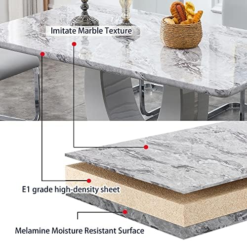 JUFU 7 Piece Dining Table Set for 6, 63 Inch Faux Marble Rectangular Kitchen ...