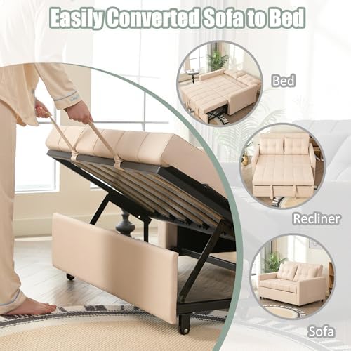 GOSUHI 52" 3-in-1 Convertible Sleeper Sofa Bed, Linen, Beige