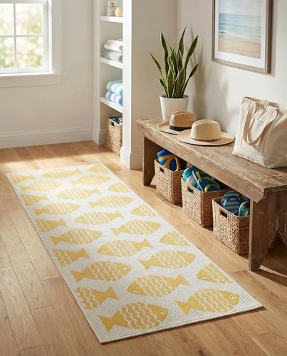 Rugs.com Outdoor Coastal Collection Rug – 5 Ft Runner Yellow Flatweave-Pile R...