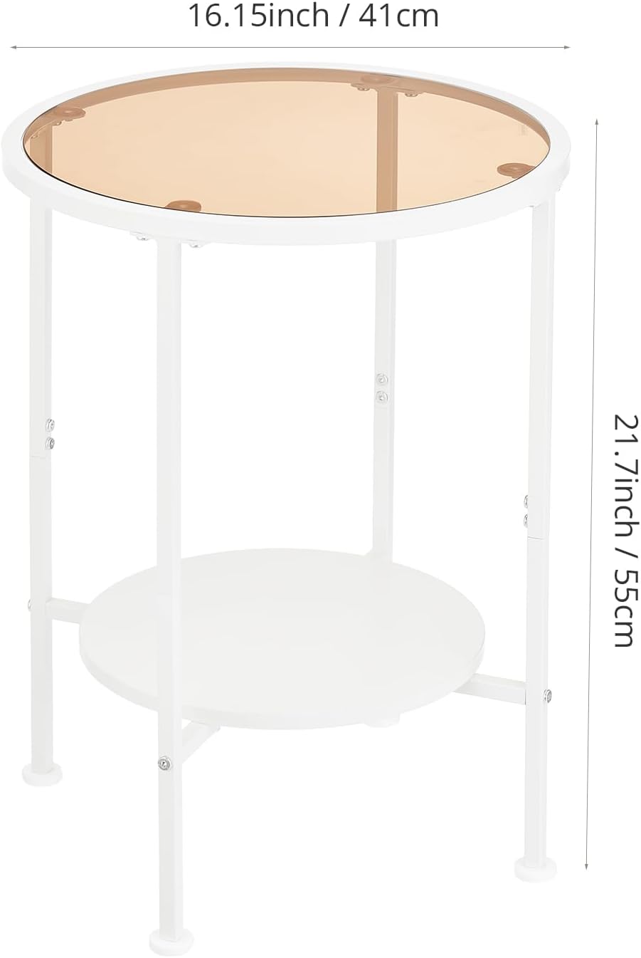 2 Tier Round Side Table with Tempered Amber Glass Top, White Metal End Table ...
