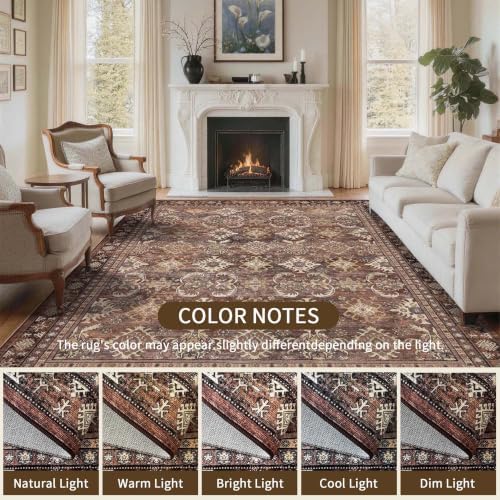 Vintage Living Room Rugs 9x12: Brown Soft Washable Carpet High Traffic Area