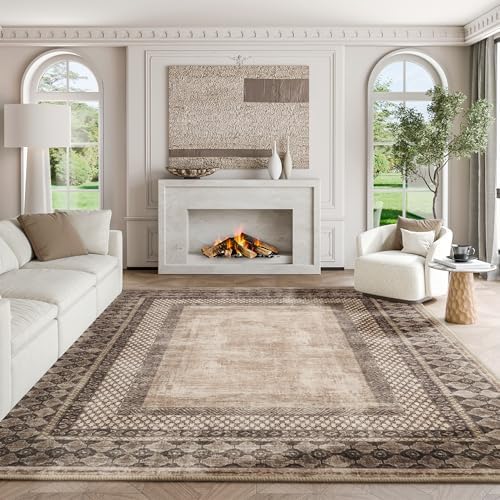 NICETOWN 8x10 Ultra-Thin Brown Oriental Rug for Bedroom, Tumble Washable Area Rugs 8x10, Boho Non-Slip Vintage Living Room Rugs, Oriental Carpet Entrance for Kitchen, Laundry, Bathroom, Bedroom