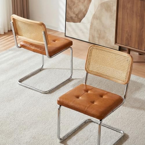 Rattan Cantilever Dining Chair, Single Modern Armless Chair with Chrome Steel...