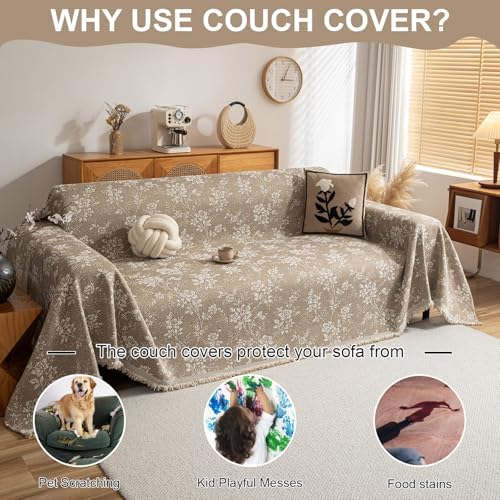 VClife Vintage Floral Bohemain Couch Cover, Soft Breathable Chenille Sofa Cover for Sectional Sofa L Shape, Modern White Taupe Botanical Sofa Slipcover Futon Cover for 2 Cushion Couch Sofa 71''x118''