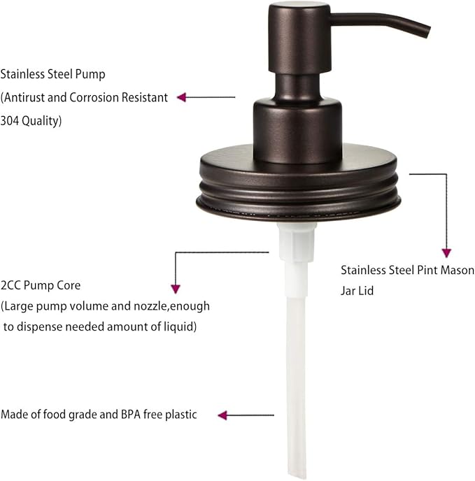 Amolliar Mason Jar Liquid Soap Dispenser Pump Lid, Stainless Steel Pump - Image 4