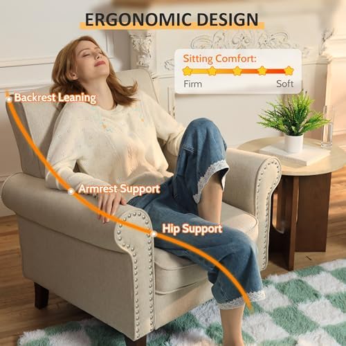PrimeZone Comfy Accent Chair, Mid-Century Modern Living Room Chair, Beige