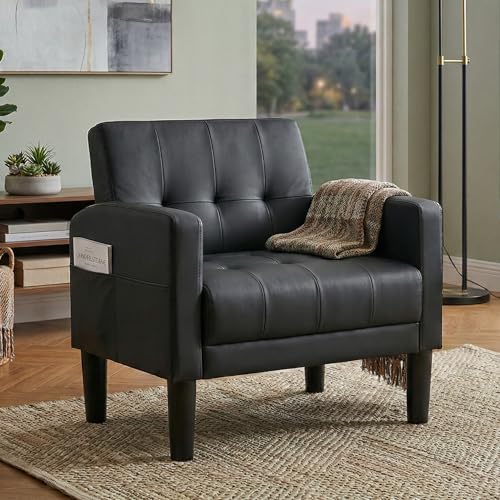 Black Accent Chair, Tufted Reading Armchair with Arms for Living Room