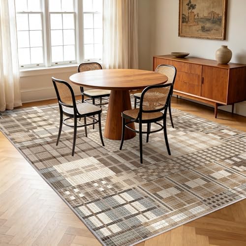 Rezutan Washable Area Rug 8x10, Modern Geometric Plaid, Non-Slip, Beige