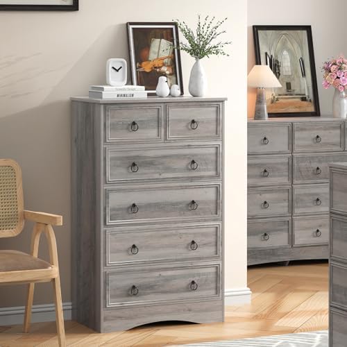 VVFLU 48'' Tall Grey Dresser with 6 Drawers Chest of Drawers for Bedr...