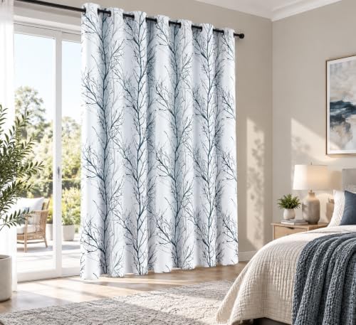 FMFUNCTEX 100% Blackout Blue Grey Tree Branch Curtains 84 Inch 1 Panel