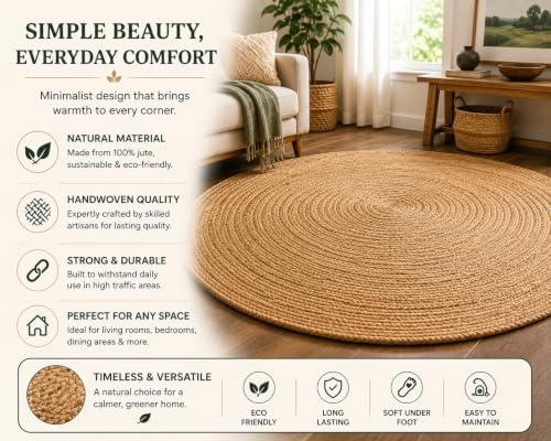 5 ft Round Handwoven 100% Natural Jute Area Rug, Reversible